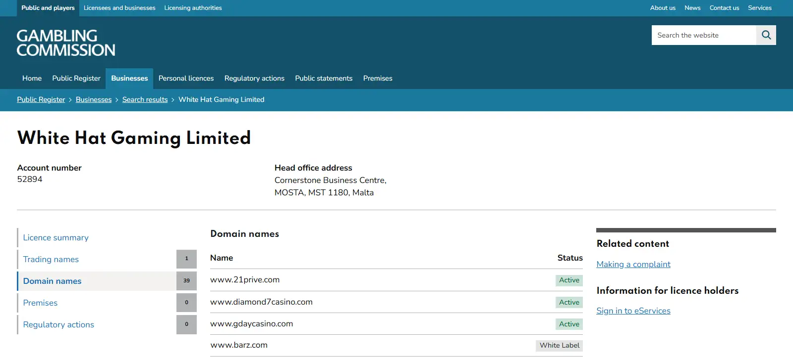 UK Gambling Commission White Hat Gaming domain register showing Barz among white-label domains