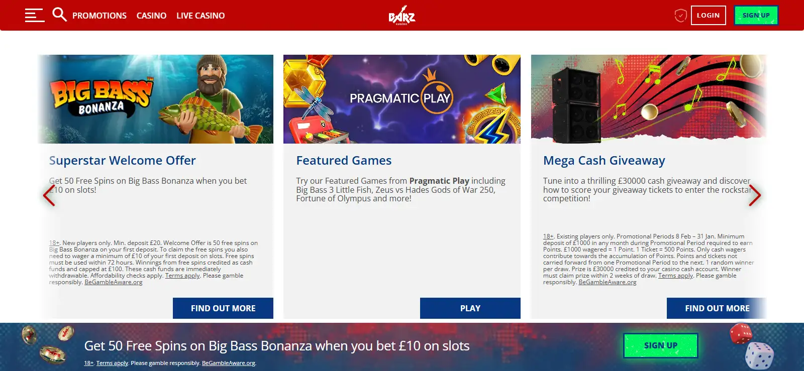 Current Barz Casino UK welcome offer panel