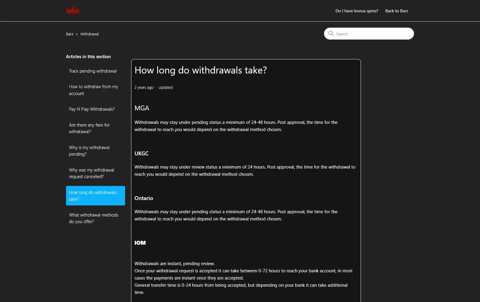 Barz help article explaining the UKGC withdrawal review period