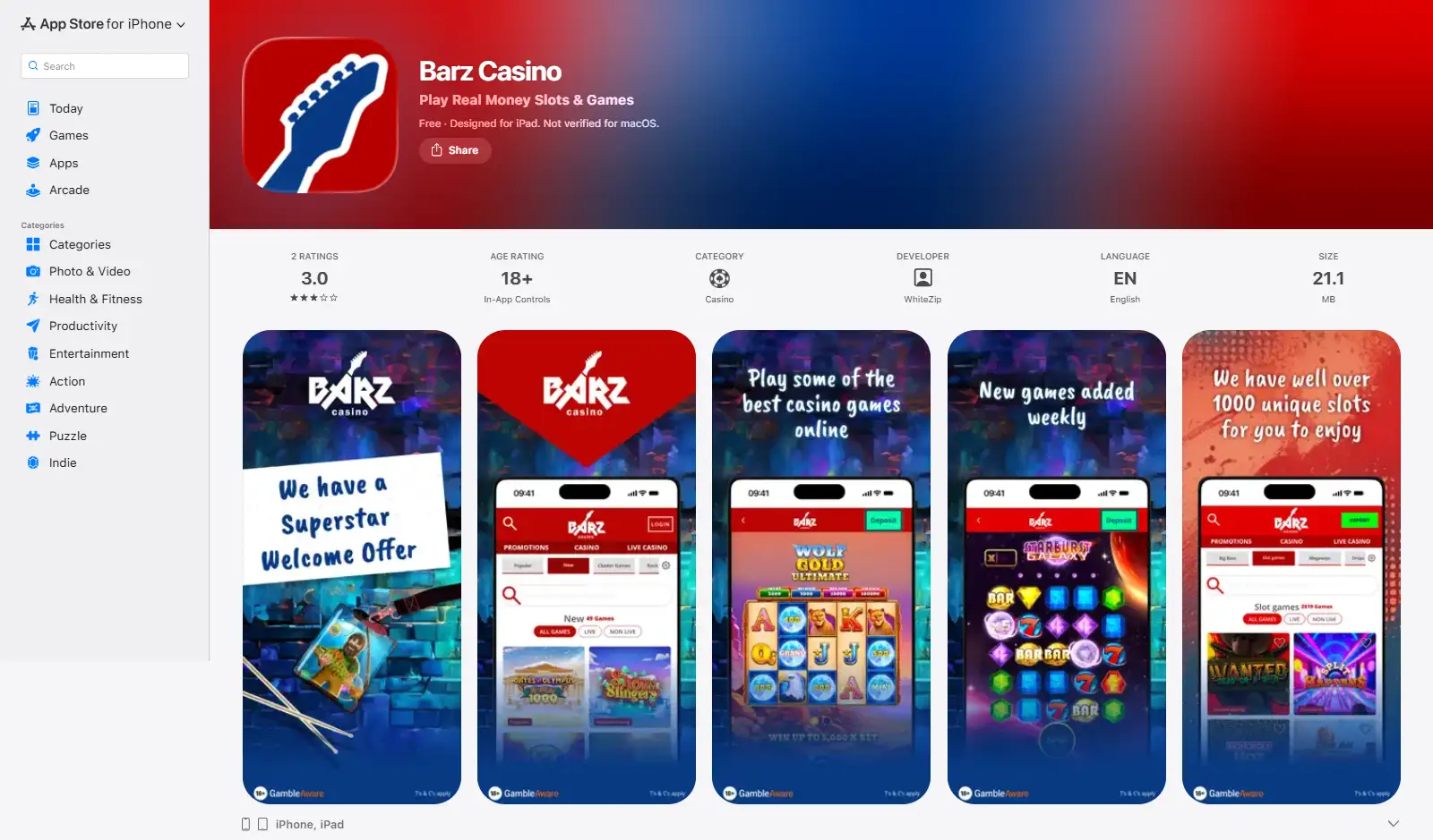 Official Barz Casino listing in the UK Apple App Store