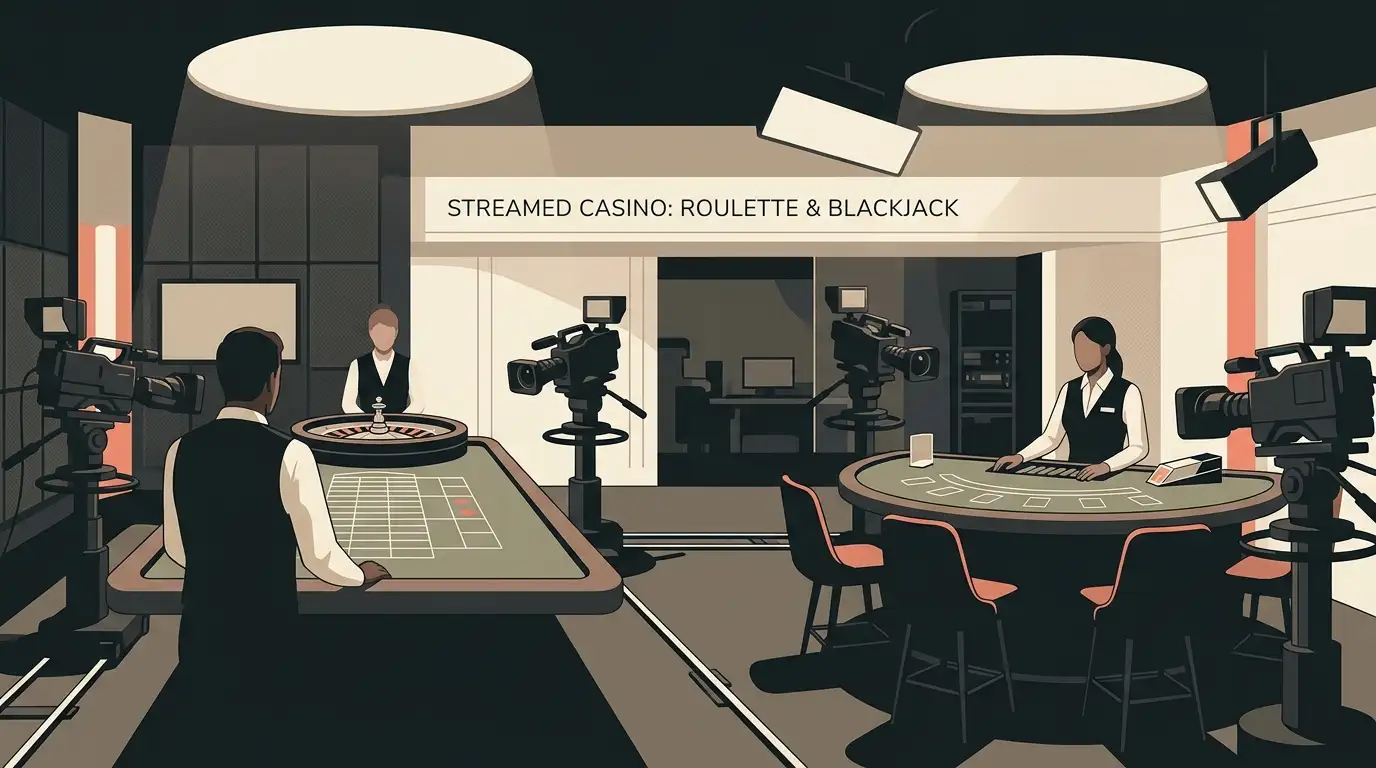 Editorial live dealer casino scene with roulette and blackjack tables